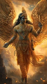 Winged celestial strides through molten dusk with quiet power