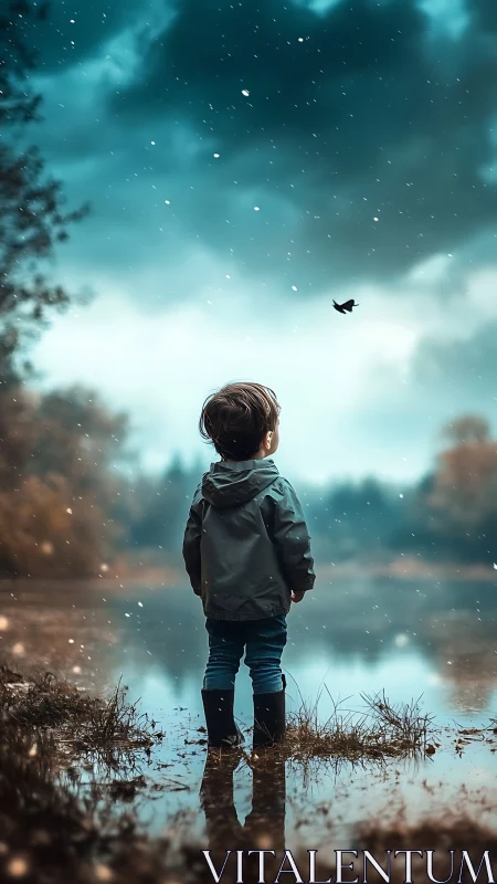 Child watches lone bird over reflective lakeside puddle