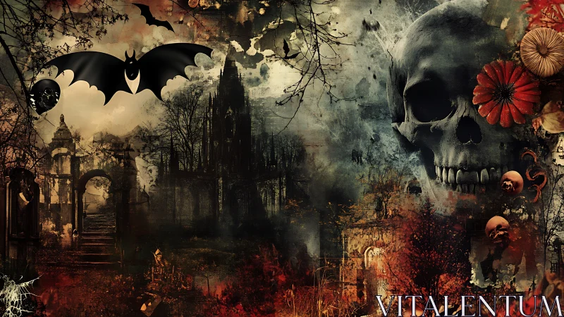 Gothic skull collage with bats, ruins, florals, and dark fog.