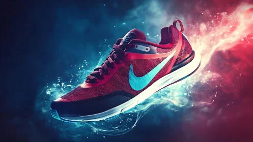 Dynamic red running shoe floats in glowing bicolor smoke