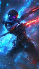 Armored cybernetic warrior lunges through neon plasma vortex