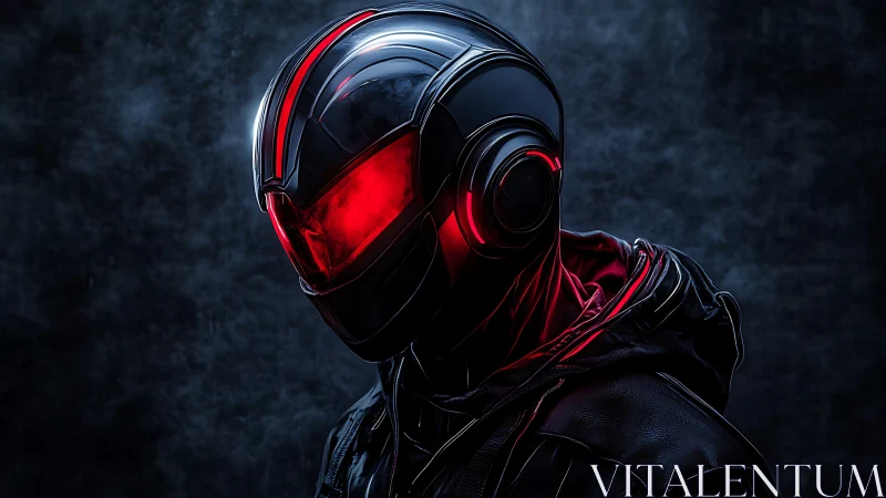 Helmeted figure in red illuminated visor faces left in darkness