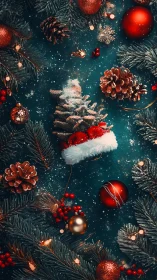 Festive Christmas pine branches with ornaments and snow.