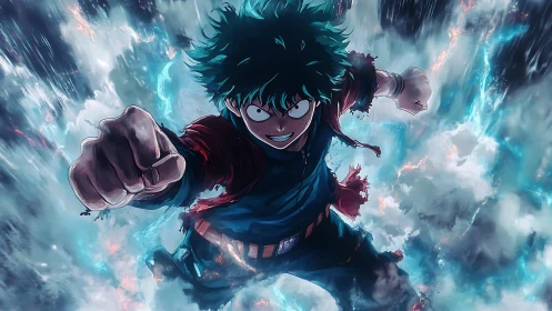 Sky-shattering anime hero rockets through stormfire clouds.