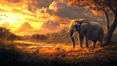 Sunlit savanna elephant rendered with high dynamic range lighting