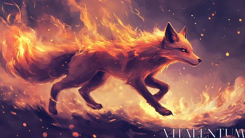 Pyrokinetic vulpine stride through turbulent incandescent embers.