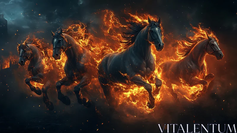 Inferno gallop of midnight warhorses across burning stormscape.