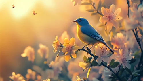 Blue songbird perched on cherry blossom branch, soft dreamy light.
