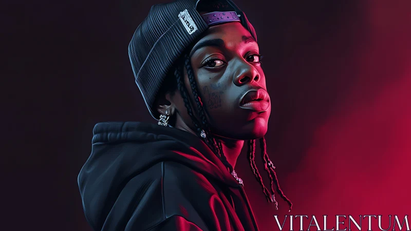 Digital portrait of hooded youth in red rim lighting and profile