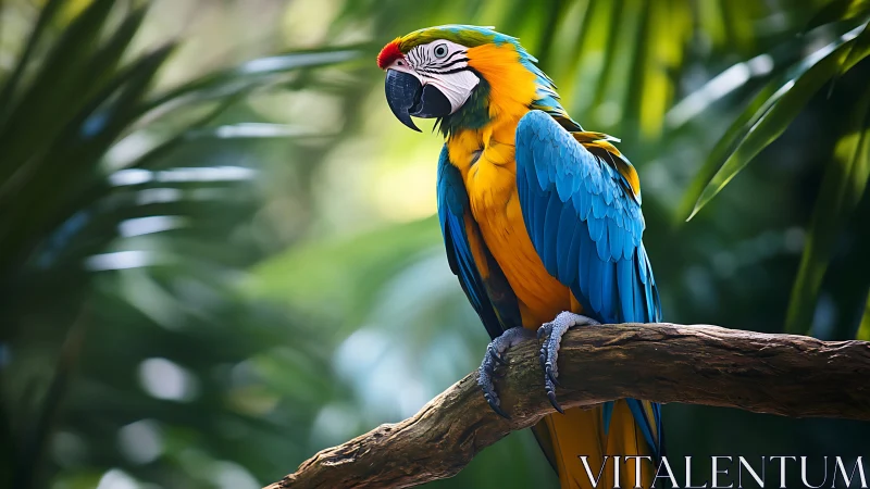 Blue-and-yellow macaw perched on branch in vibrant rainforest scene.
