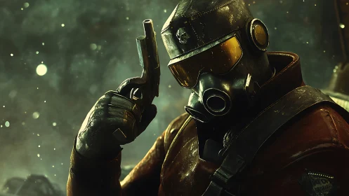 Gas-masked gunfighter in neon dust and war-torn glow.