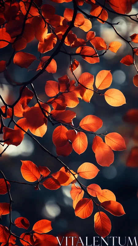 Photorealistic backlit autumn foliage with bokeh depth study.