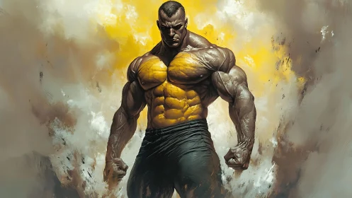 Titanic muscular warrior emerging through smoky blaze.