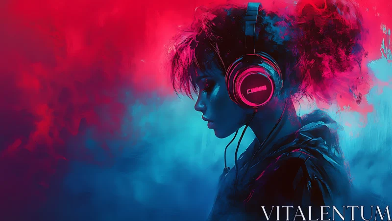 Neon-lit profile portrait of headphone listener in vapor haze.