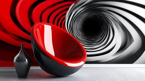 Spiraling red lounge vortex wraps a sleek futuristic chair.
