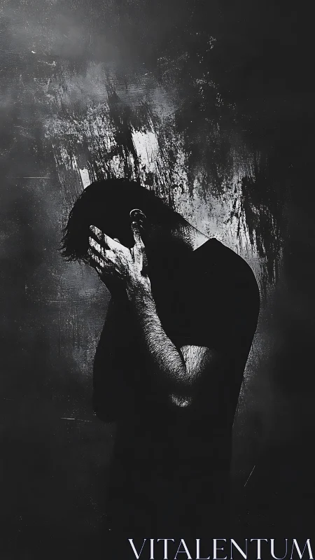 Silhouetted man in despair against textured abstract wall.