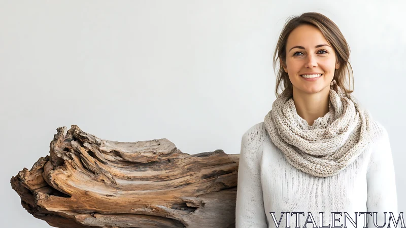 Woman in Cozy Knit Scarf Smiling Beside Driftwood, Minimalist Portrait.