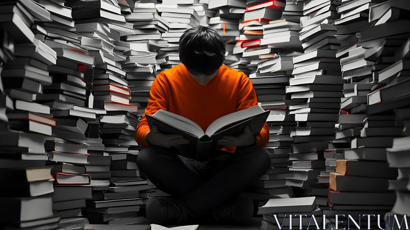 Solitary reader in high-contrast stacks analyzes oversized volume