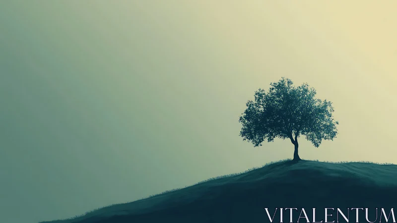 Solitary tree on sloped ridge under muted gradient sky.