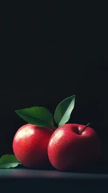 Red apples with green leaves on dark minimalist background.