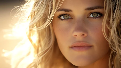 Sunlit portrait captures serene gaze and golden hair detail.