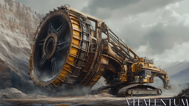 Large tracked excavator with bucket wheel operates in quarry