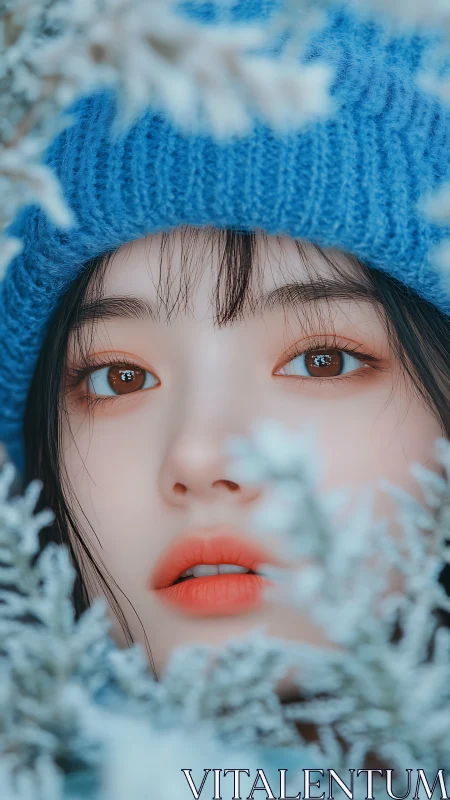 Winter-bright gaze framed by frosted branches and blue knit.