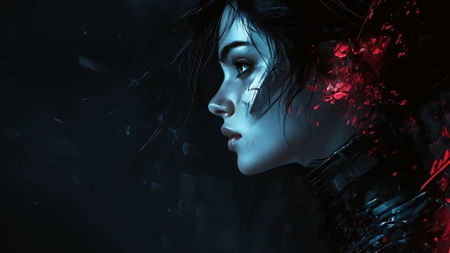 Cyborg woman profile with glowing red fractured head.