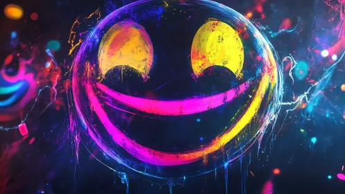 Neon storm smiley explodes across an electric night sky.
