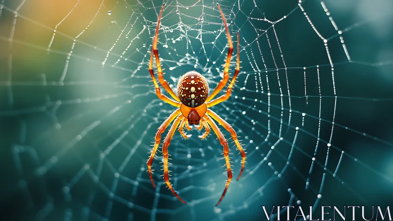 Jewel-toned spider poised at the luminous heart of its web.