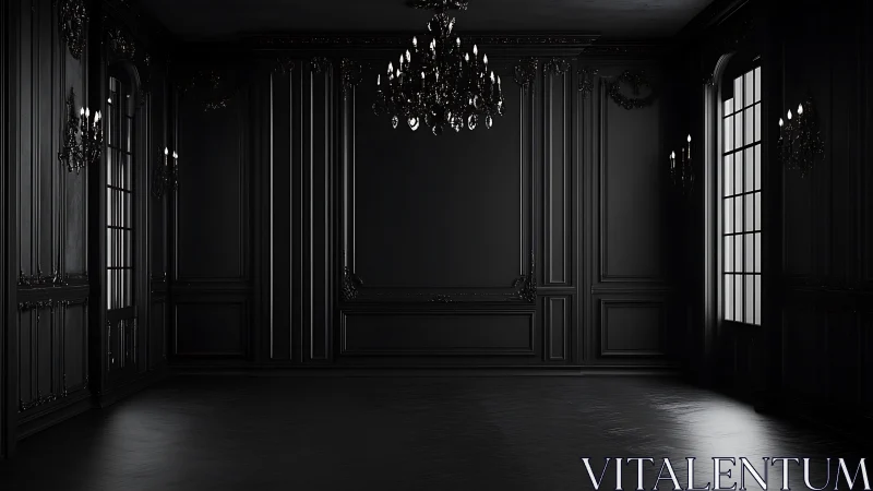 Dark neoclassical ballroom interior with crystal chandeliers