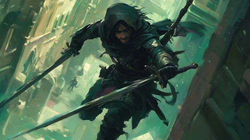 Shadowstep rogue dives through emerald city canyons at dusk.