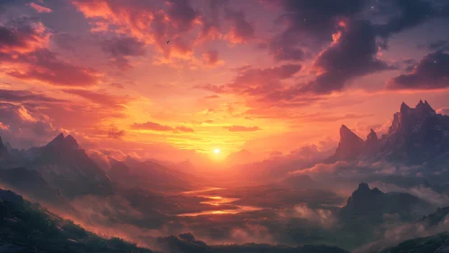 Sunlit valleys glowing beneath dreamy painted mountains.