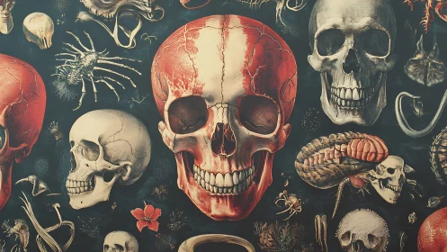 Anatomical skull collage with red focal cranium centerpiece.