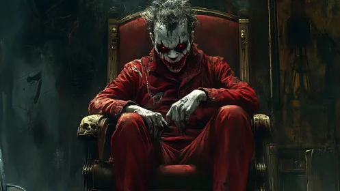 Concept art portrait of demonic clown on decayed throne.