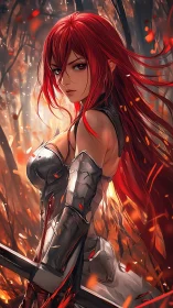 Armored red-haired swordswoman in ember-saturated battlefield.