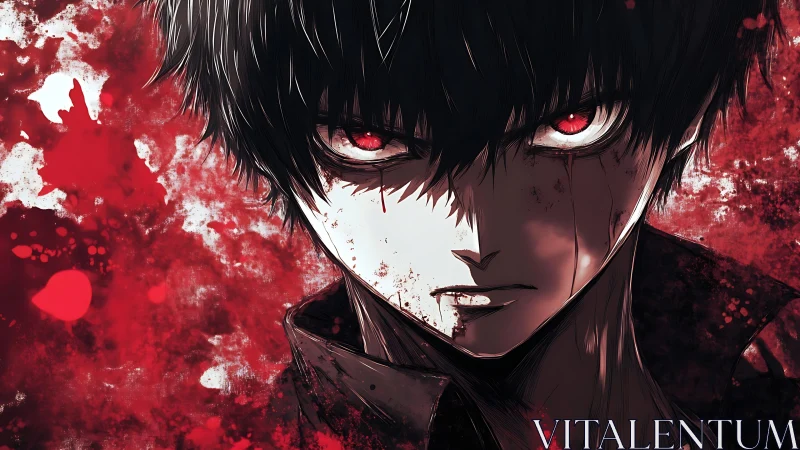 Brooding anime antihero with red eyes amid blood storm.