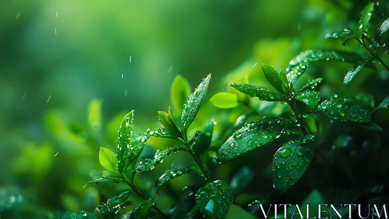 Rain-kissed emerald leaves glittering in quiet morning light.