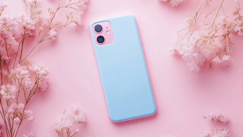 Blue smartphone case with dual camera setup on pink floral backdrop.