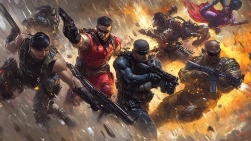 Tactical squad advancing through explosive battlefield scene.