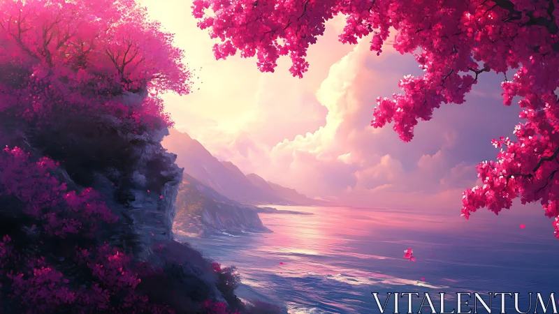 Digital seascape depicts pink foliage framing coastal cliffs