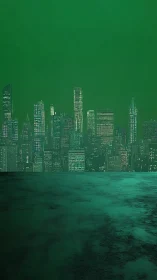 Green monochrome city skyline stands above reflective surface