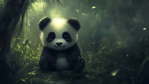 Bioluminescent forest clearing with stylized baby panda cub