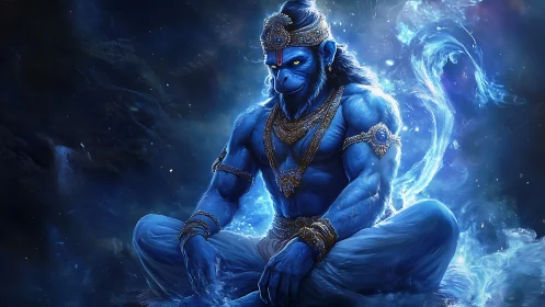 Blue divine warrior monkey in ethereal cosmic aura.