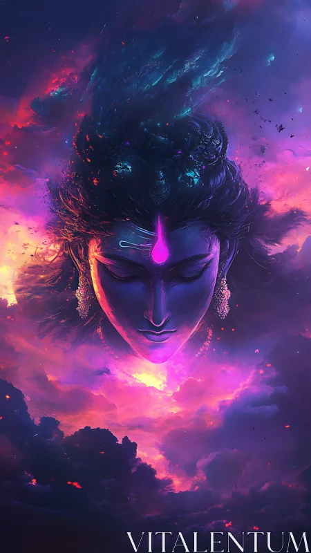 Divine celestial visage emerges from iridescent nebular clouds