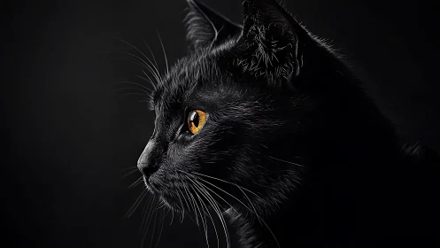 Black Cat with Luminous Amber Eyes Against Dark Background