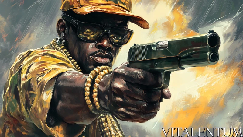 Steely gaze hurls painted bullets through swirls of fire