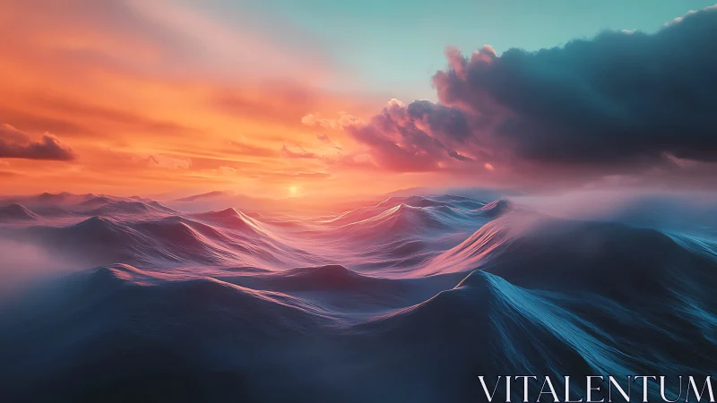 Spectral ocean wavefield under volumetric sunset cloudscape.