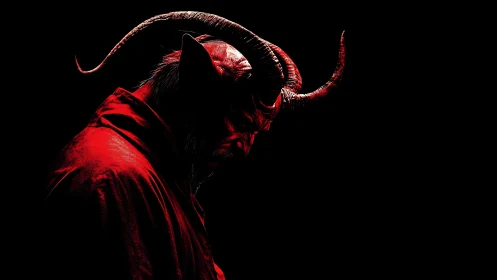 Horned demonic figure in red cloak lit against black background