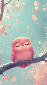 Pink stylized owl rests on branch amid falling leaves